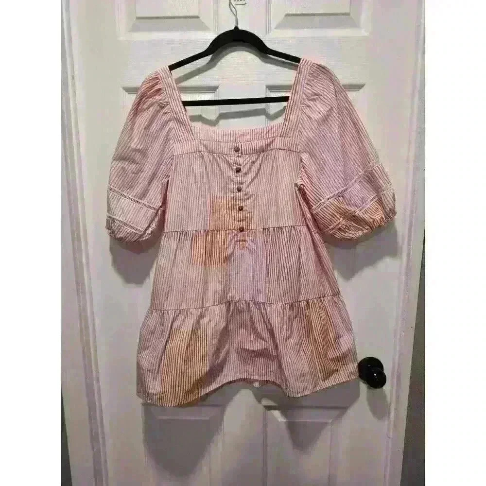 Maeve By Anthropologie Size Small Pink Orange Tunic Top PuffSleeve Tiered Cotton
